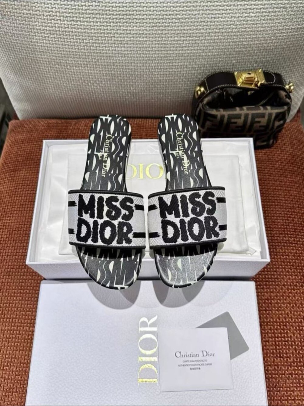 Dior Fabric Miss Dior Letter Slip-On Flat Slide Mules